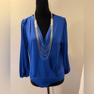 Royal Blue Draped Bodysuit Deep V Blouse